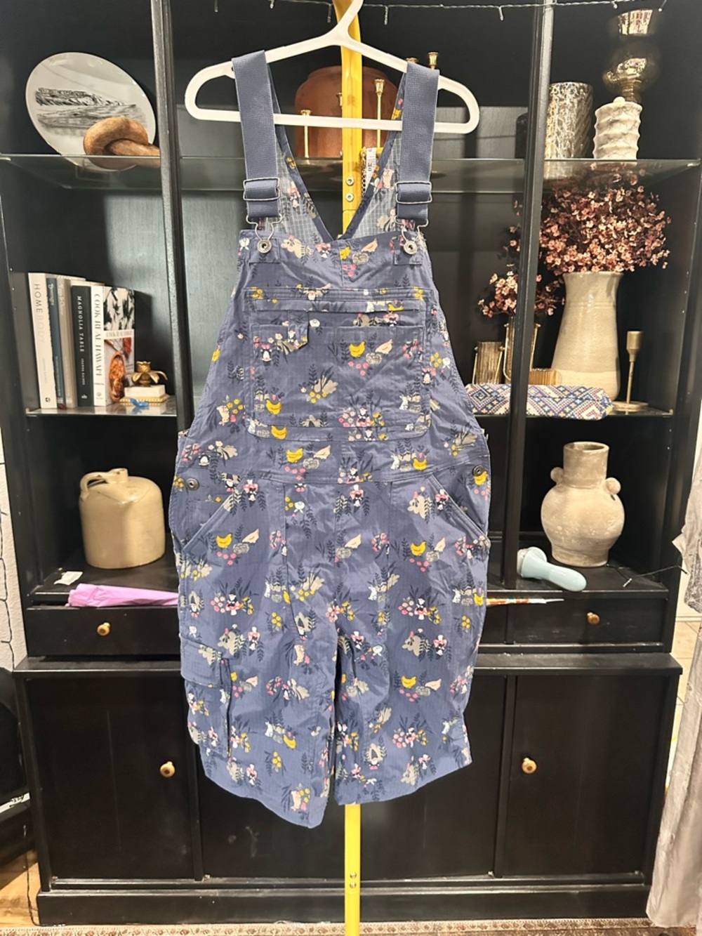 Duluth Trading Co Blue Floral & Yellow Chick Women’s Short Overalls